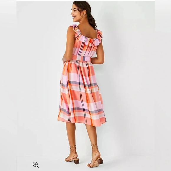 Ann Taylor Tall Madras Plaid Ruffle Square Neck Midi Dres Pink Multicolor - Picture 3 of 8